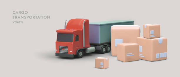 istock Cartoon 3d realistic track standing near pig parcels. Fast cargo transportation concept 1500315714