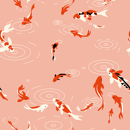 Seamless pattern with a koi fish pond. Trendy vector illustration.