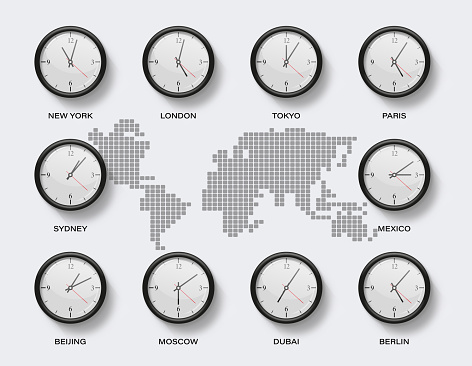 Time zones with clocks. Set of international wall clocks. Global time for new york, london, tokyo with face clocks
