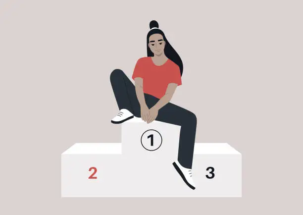 Vector illustration of A young Asian character sitting on a winner podium, first place concept