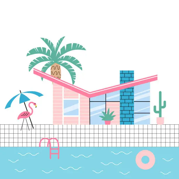 Vector illustration of Mid century modern house with palm trees, swimming pool and plastic flamingo.