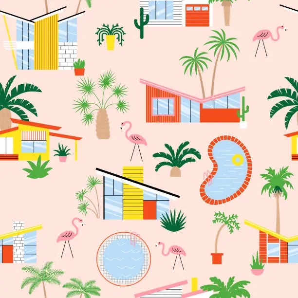 Vector illustration of Seamless pattern with mid century modern houses and palms.