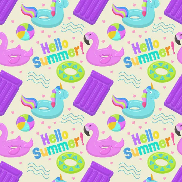 Vector illustration of Inflatable swimming circle with a blue unicorn, flamingo. Inflatable rubber toys for water and beach. Seamless vector pattern on summer and marine themes.