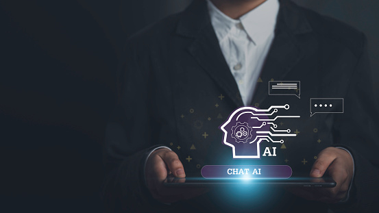 Chatbot Chat with AI, Artificial Intelligence. Robot application and global connection innovation and technology. User chatting with a smart AI chatbot developed, Futuristic technology transformation.
