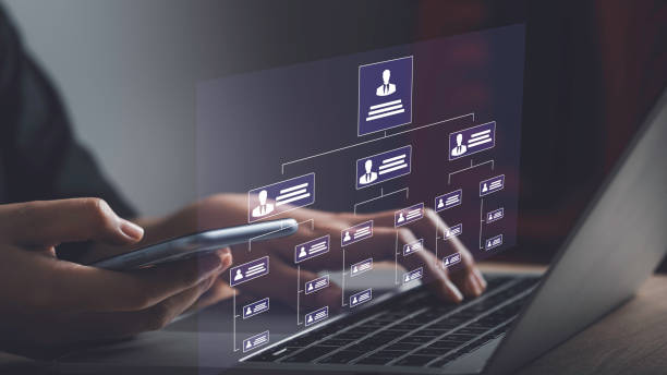istock Business hierarchy  company structure concept. Business process plan and workflow automation flowchart. Virtual screen Mindmap or Organigram. Relations of order or subordination between member. 1500323871