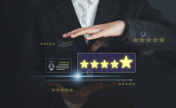 istock Satisfaction feedback survey concept. Customer user tablet review evaluation feedback and positive comment give 5 star excellence service. Quality service lead to reputation best ranking of business. 1500323987