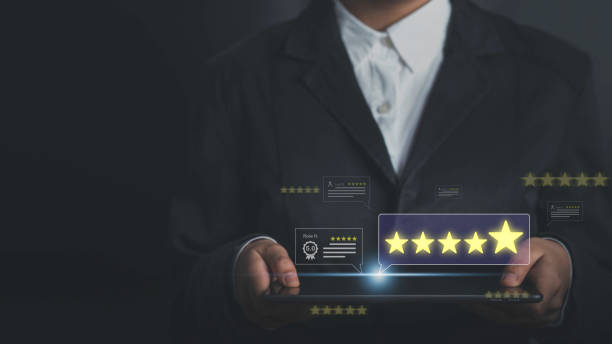 istock Satisfaction feedback survey concept. Customer user tablet review evaluation feedback and positive comment give 5 star excellence service. Quality service lead to reputation best ranking of business. 1500324053