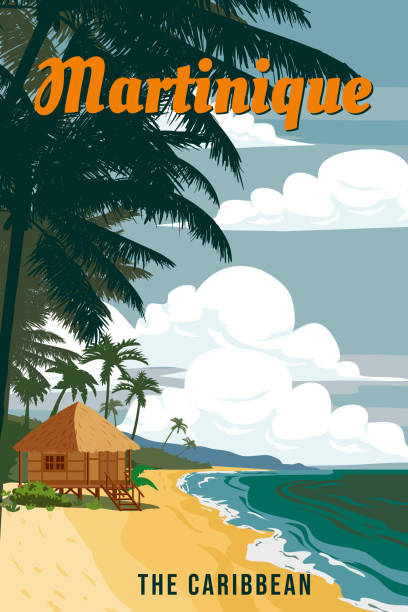 illustrazioni stock, clip art, cartoni animati e icone di tendenza di poster di viaggio vintage resort dell'isola tropicale della martinica - giorno di santa lucia