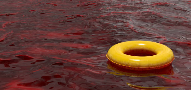 inflatable yellow swimming ring floating in bloody ocean. cataclysm background concept. 3d rendered image. - protection insurance dark rain imagens e fotografias de stock