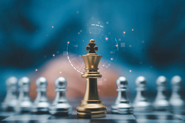 istock Golden king chess encounter with silver chess enemy on dark background and connection line for strategy idea and futuristic concept 1500325987