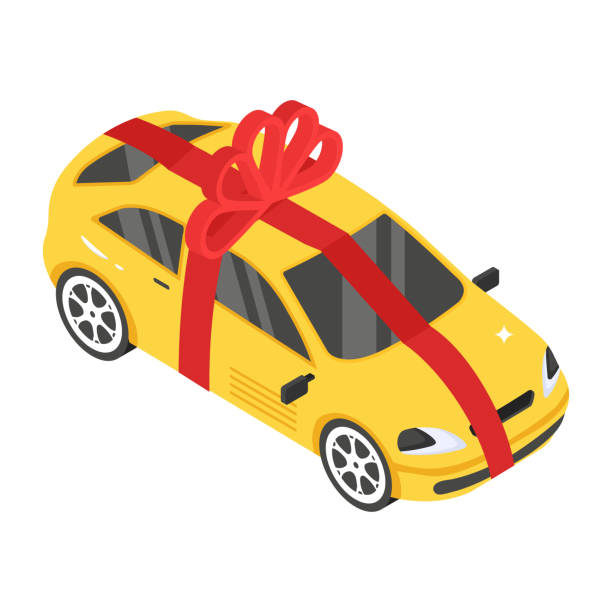 istock Car wrapped beautifully with ribbon, isometric icon of car gift 1500329574