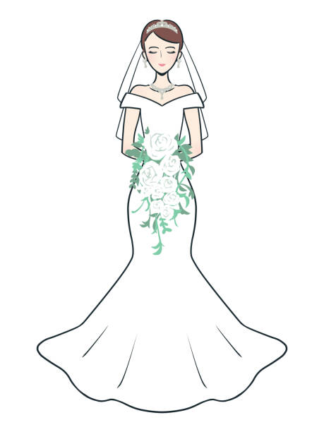 Bride with bouquet of white roses (colorful) Bride with bouquet of white roses (colorful) mermaid dress stock illustrations
