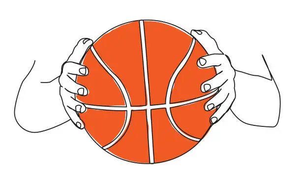 Vector illustration of single line drawing of hands holding basketball