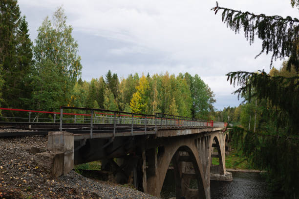 istock arched bridge over a wide river surrounded by autumn forest 1500332204