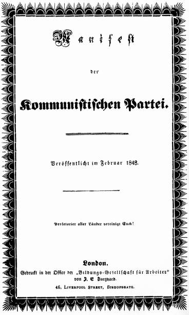 Title of the Communist Manifesto, 1848, by Friedrich Engels and Karl Marxa Illustration from 19th century. friedrich engels stock illustrations