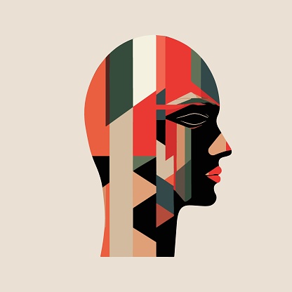 Vector illustration of man's head silhouettes with multicolored mosaic pattern from geometric shapes. Mental health psychology multicultural identity diversity inclusiveness concept