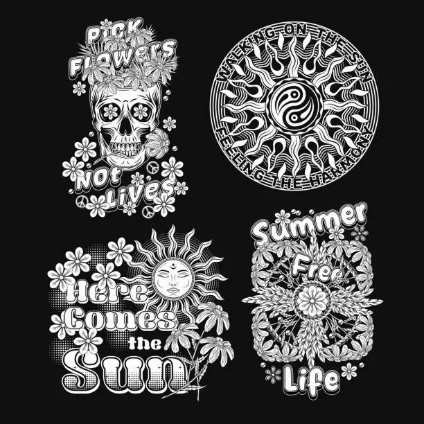 Vector illustration of Summer groovy labels with sun, rainbow, chamomiles, skull. Concept of balance, love and harmony. For clothing, apparel, T-shirts, surface decoration. Retro style illustration on black background