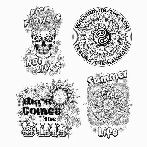 Vector illustration of Summer groovy labels with sun, rainbow, chamomiles, skull. Concept of balance, love and harmony. For clothing, apparel, T-shirts, surface decoration. Retro style illustration on white background