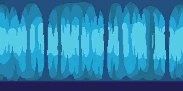 Vector illustration of simple vector pixel art horizontal illustration of blue cave of stalagmites and stalactites in the style of retro platformer video game level