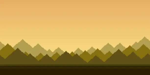 Vector illustration of simple vector pixel art seamless endless horizontal illustration of silhouettes of sharp mountains under the morning sky in retro platformer style. Arcade screen for game design