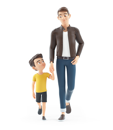 3d cartoon man walking with his son, illustration isolated on white background