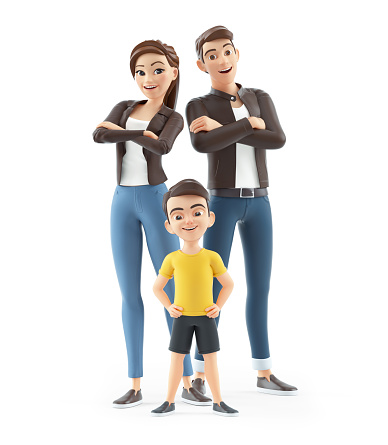 3d boy standing in front of his parents, illustration isolated on white background