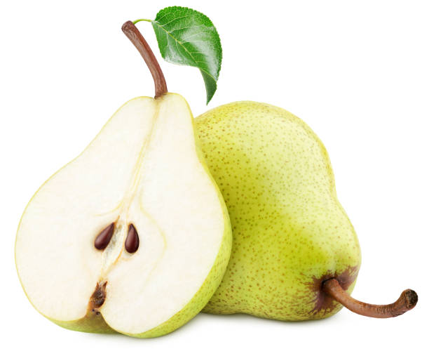 istock Green yellow pear fruits isolated on white 1500340612