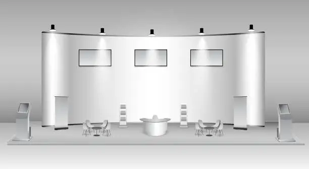 Vector illustration of set of realistic trade exhibition stand or white blank exhibition kiosk or stand booth corporate commercial. eps vector