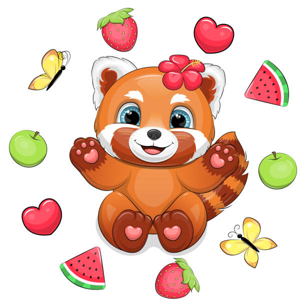illustrations, cliparts, dessins animés et icônes de mignon panda rouge de dessin animé et cadre de fruits. - young animal baby panda red