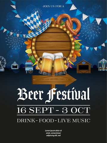 german beer festival poster with wooden signboard, market stall and amusement park. german beer festival flyer with pretzel and beer mugs vector