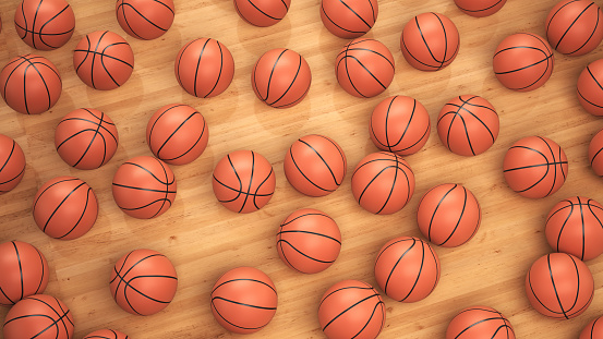 3d Render Basketballs on Wood Group Of Object, close-up