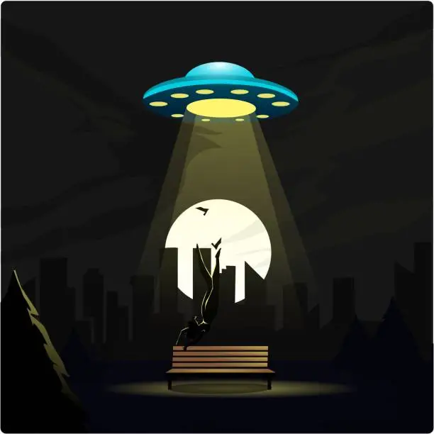 Vector illustration of UFO abducts human vector