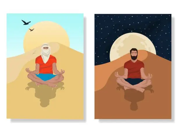 Vector illustration of Man in the desert, praying, meditating.