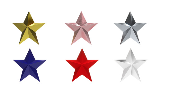 Star shapes in different colors, gold, silver, bronze and the colors of the US flag. July 4th, USA Independence Day celebration on white background for events.,3d rendering