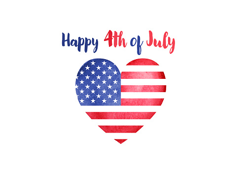 Happy 4th of July message above heart shaped red watercolor American flag on white background. Horizontal composition with copy space.