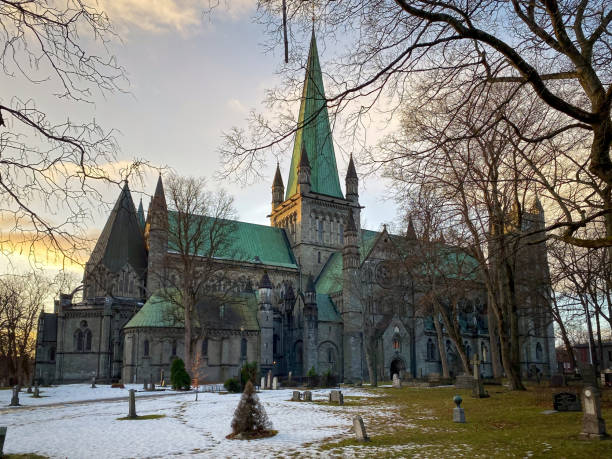 Nidaros Cathedral in Trondheim, Norway in winter at sunset