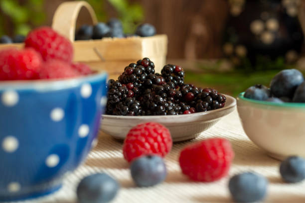 Rapsberries in blue bowl on a table with decoration with Blueberries and Blackberries