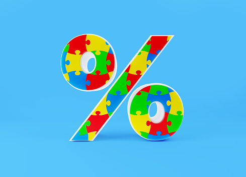 Percentage sign made of colorful jigsaw puzzle pieces on blue background. Horizontal composition with copy space.