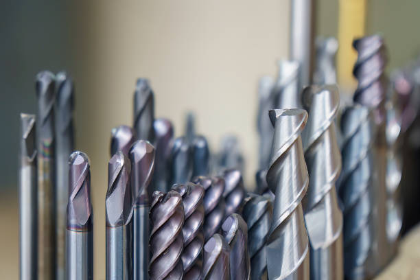 Close-up scene group of the used radius and ball end mill tool for machining center. stock photo