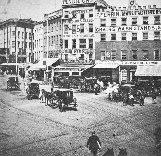 illustrazioni stock, clip art, cartoni animati e icone di tendenza di new york city, chatham square guardando la bowery, 1870 - 1866