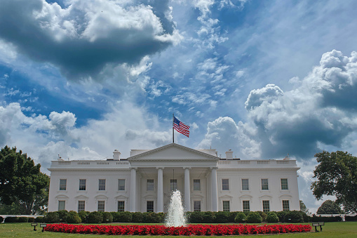 The White House with its trees and surrounding lawn.