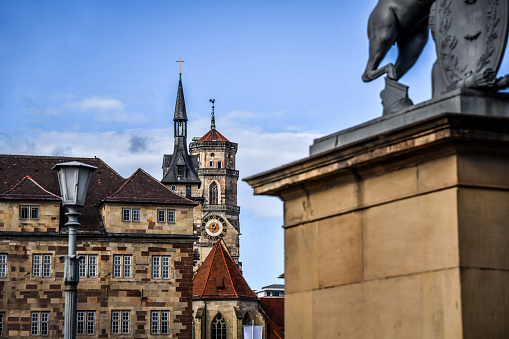 Stuttgart, Germany - 15th of August, 2022. View Of Stiftskirche And Altes Schloss Towers With Deer Statue