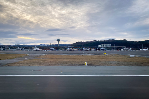 Airport in Tronheim, Norway in winter seen from a runway