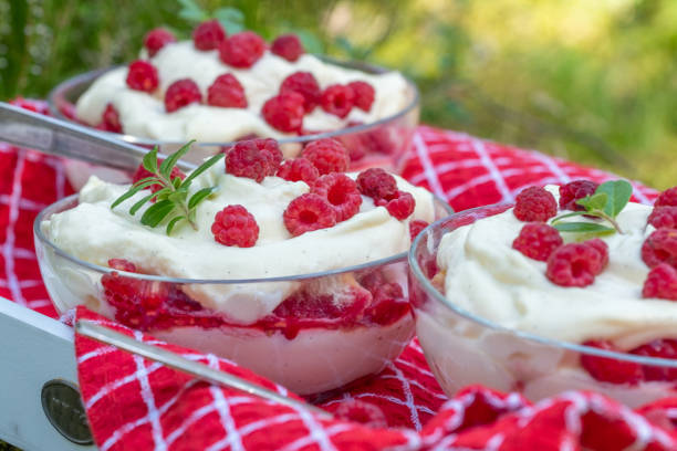 Tiramisu with fresh raspberries as a dessert for Christmas dinner. A portion of tiramisu, red Christmas ball  and pine branches on a table.