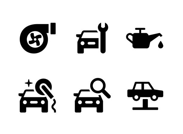ilustraciones, imágenes clip art, dibujos animados e iconos de stock de conjunto simple de iconos sólidos vectoriales de servicio de automóviles - cambio de aceite