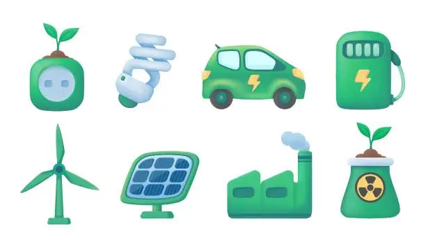 Vector illustration of Electric car, solar cell, a clean energy concept that helps change the world. 3D vector illustration