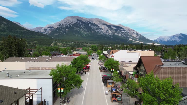 Town of Canmore, Areal view.  Banff National Park, Alberta, Canada. 4K