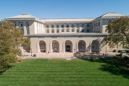 Pittsburgh, Pennsylvania - September 27, 2019: Carnegie Mellon University in Pittsburgh, Pennsylvania. College of Fine Arts. Green Grass in Foreground
