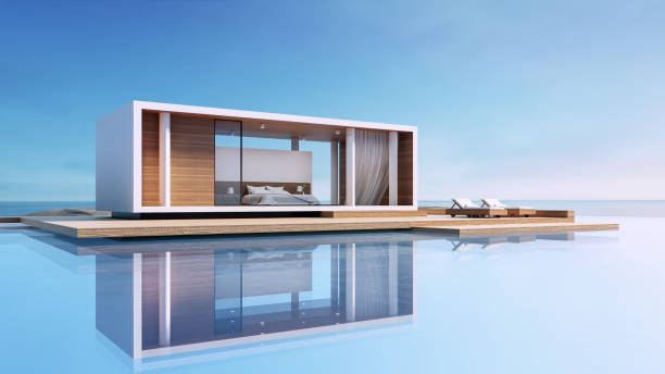 villa moderna con piscina vista mare - rendering 3d - santorini greece villa beach foto e immagini stock