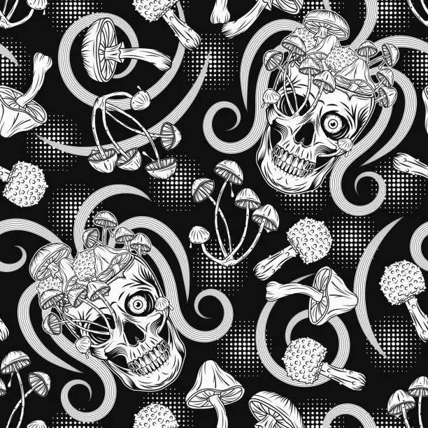 Vector illustration of Psychedelic label with human skull, mushrooms